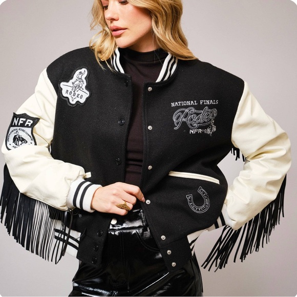 blue b | Jackets & Coats | New Blue B Nfr Rodeo Varsity Fringe Black ...